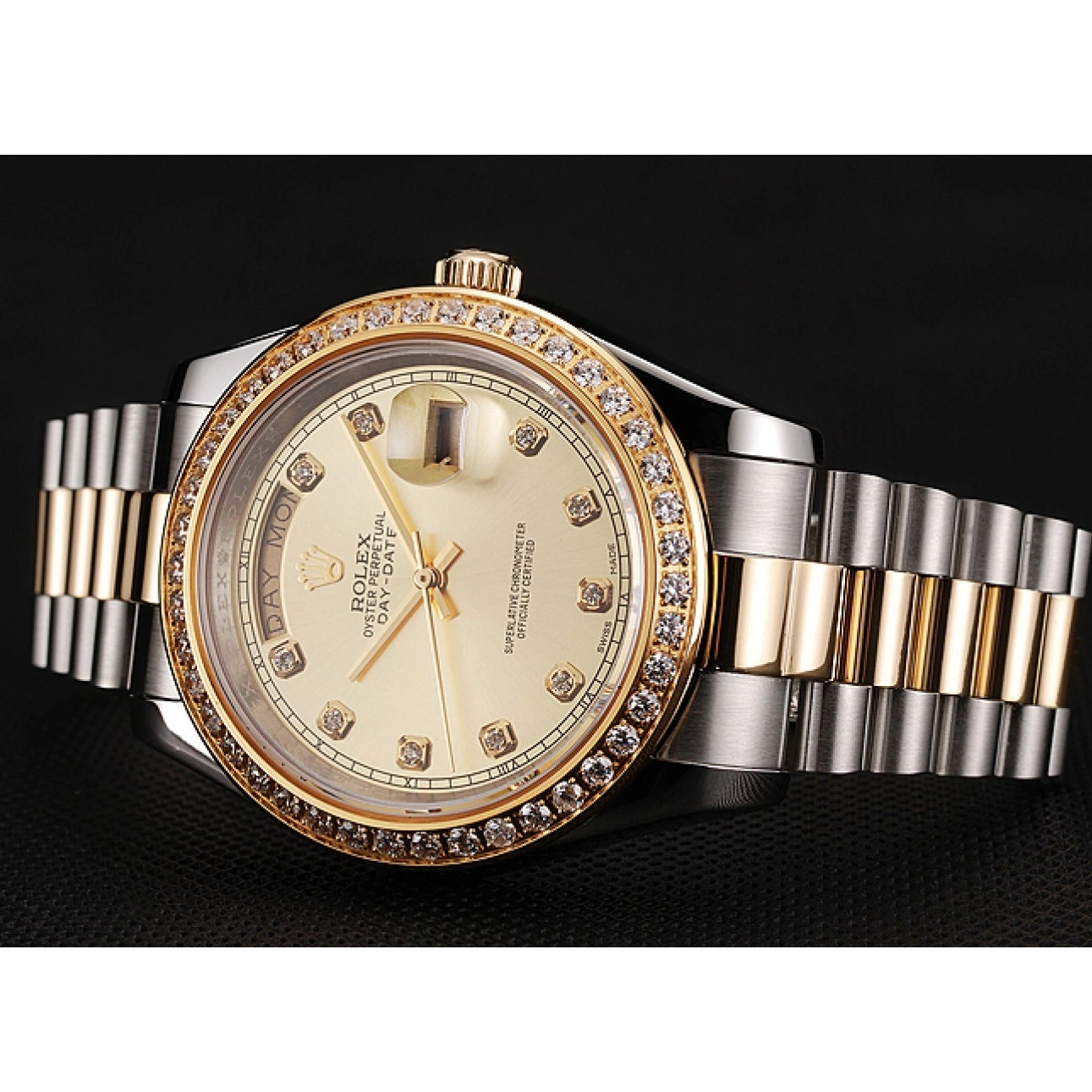 MiroTime 0705 Swiss Rolex Day-Date Champagne Dial Gold Diamond Case Two Tone Stainless Steel Bracelet 1453974